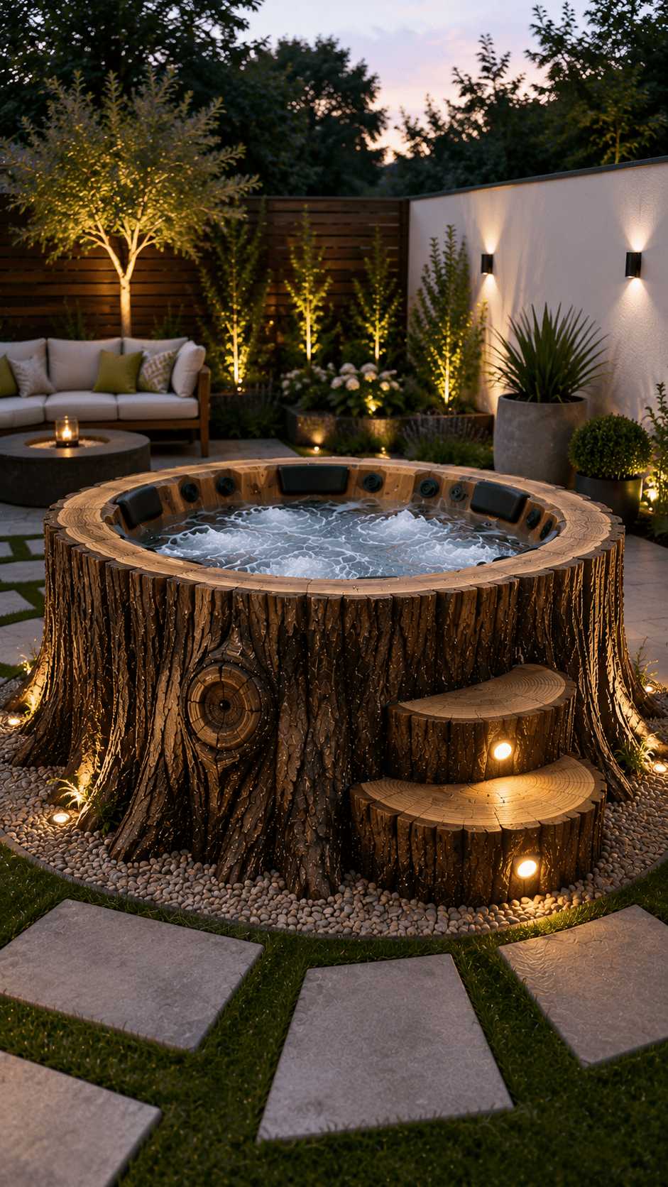Tree stump hot tub glowing at dusk with integrated step lighting, landscaped borders and a relaxing outdoor seating area.