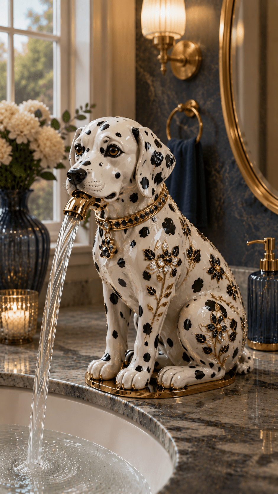Luxury Dalmatian dog faucet with black spots, gold floral decorations and water flowing into a contemporary bathroom sink.
