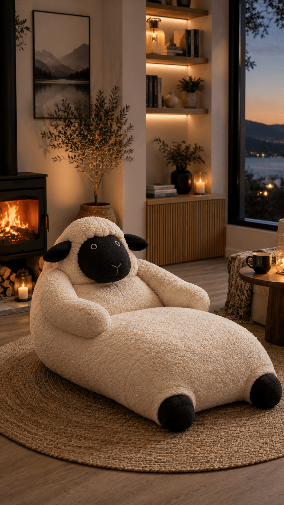 Cream sheep-shaped plush sofa beside a modern fireplace in a warm and inviting contemporary living room.