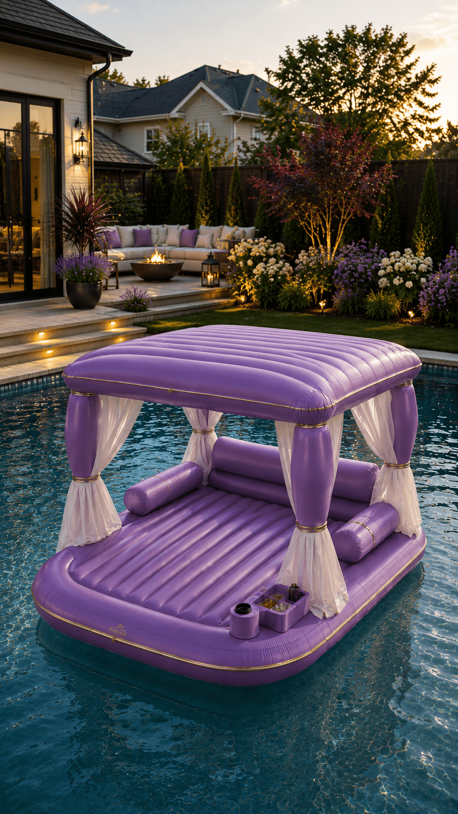 Premium purple inflatable floating cabana with elegant canopy and curtains creating a relaxing luxury pool retreat at sunset.