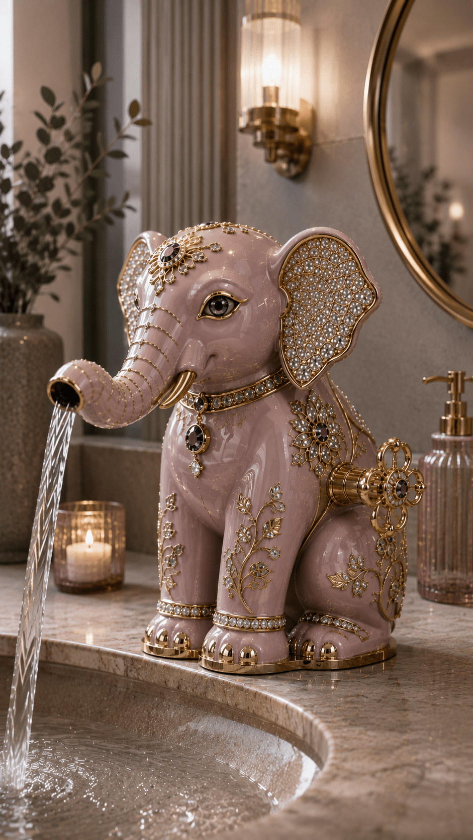 Blush pink bathroom tap with gold embellishments, crystal-inspired ears and gemstone detailing in a luxury bathroom setting.