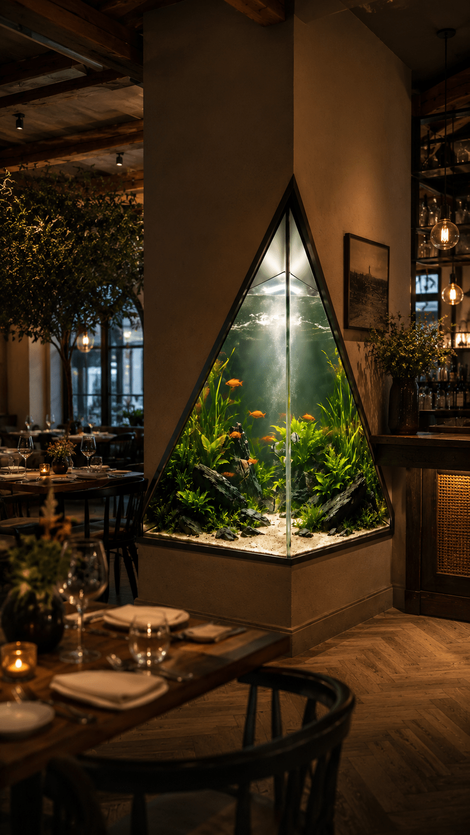 Built-in triangle aquarium filled with green aquatic plants and orange fish inside a warmly lit modern restaurant.