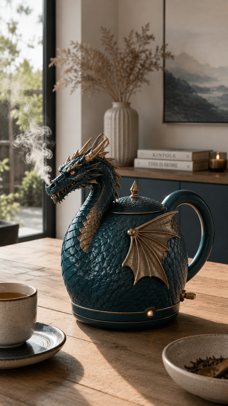 Teal dragon-shaped kettle with gold wings and horns releasing steam from its mouth in a modern kitchen.