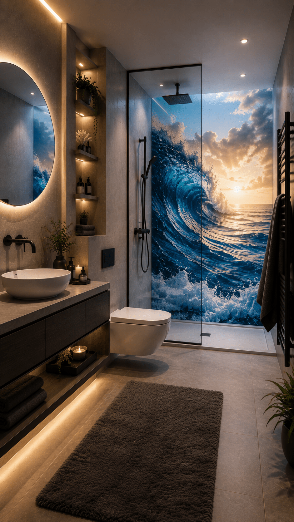 Modern luxury bathroom featuring an immersive shower wall with a dramatic blue ocean wave and sunset scene.