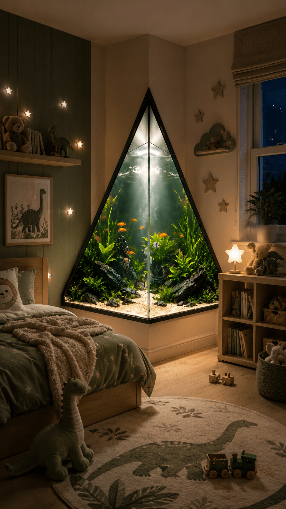Tall illuminated triangle aquarium with tropical plants and colourful fish in a cosy dinosaur-themed children's bedroom.