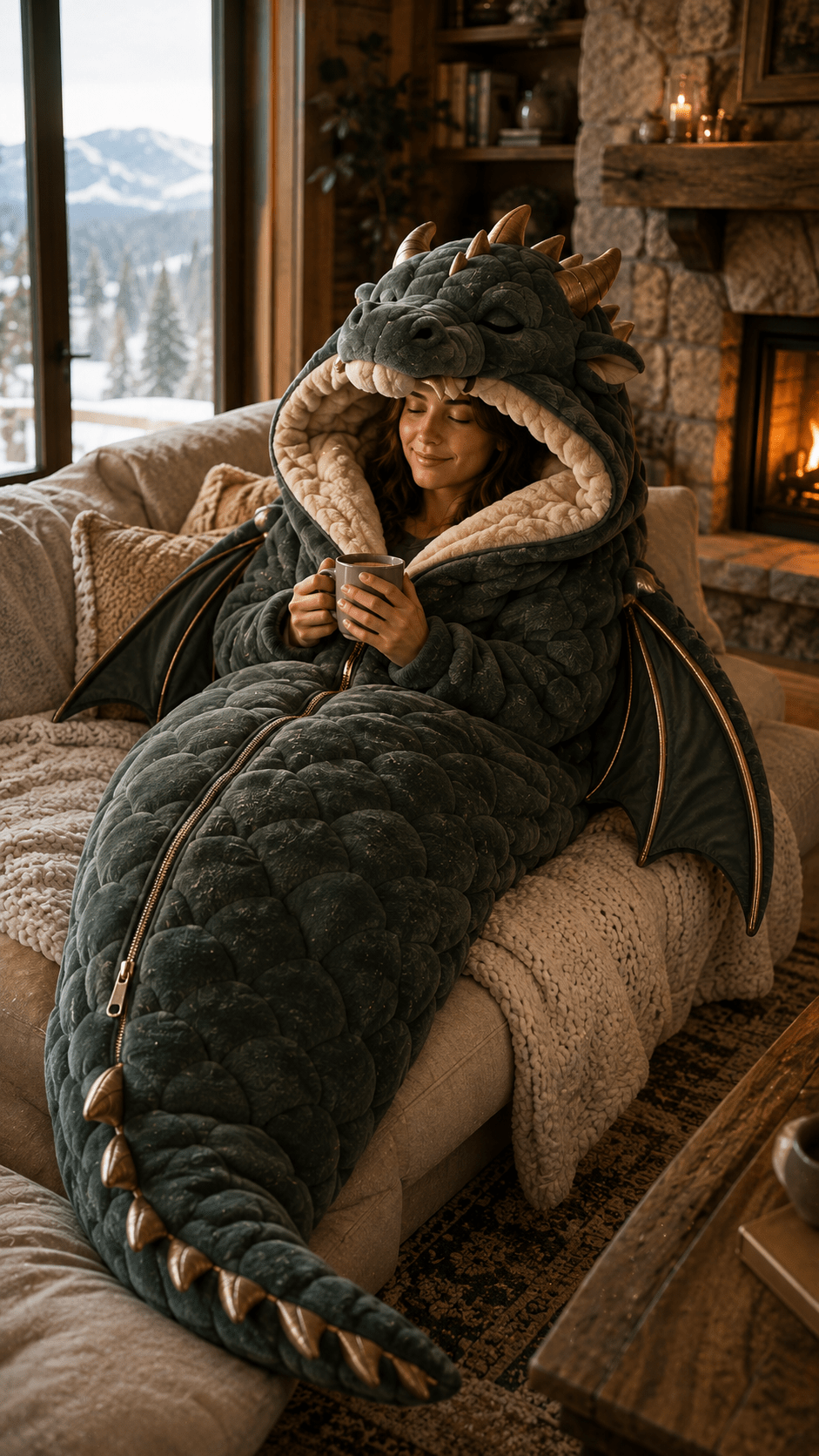 Woman relaxing with a hot drink inside a green dragon sleeping bag beside a fireplace in a snowy mountain lodge.