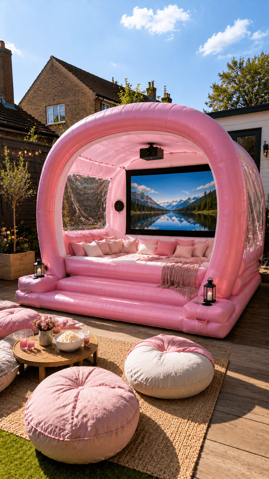 Elegant pink inflatable outdoor cinema pod with soft seating, projector screen and luxury garden entertainment space.