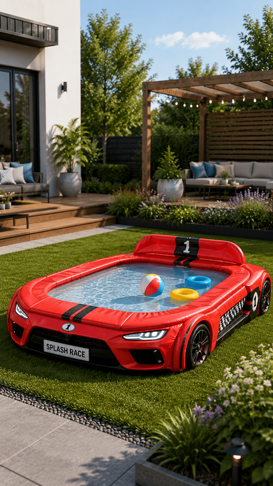 Red race car paddling pool with beach ball and inflatable rings in a landscaped modern garden