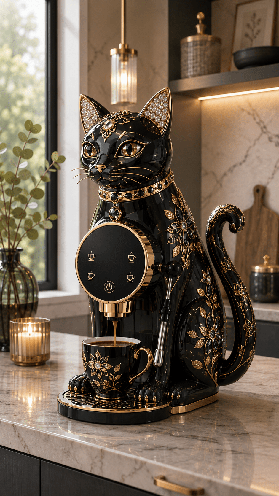 Glossy black cat-shaped coffee machine decorated with gold floral patterns and jewels in a modern luxury kitchen.