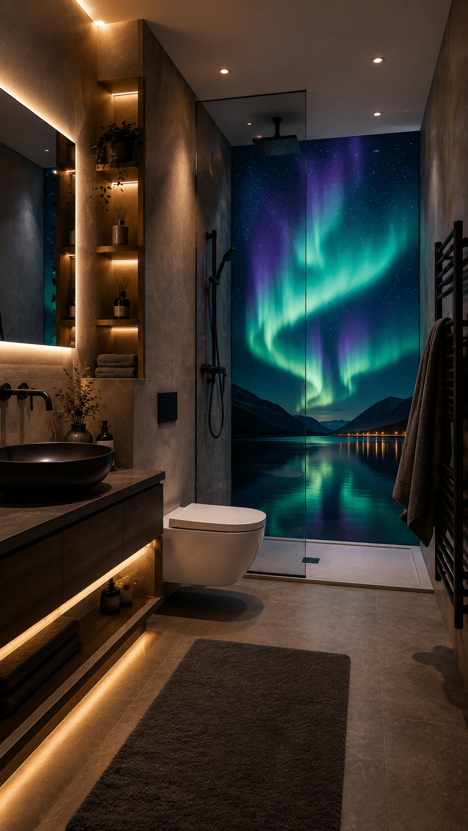 Luxury bathroom with glass shower and colourful Northern Lights wall overlooking a peaceful mountain lake at night.