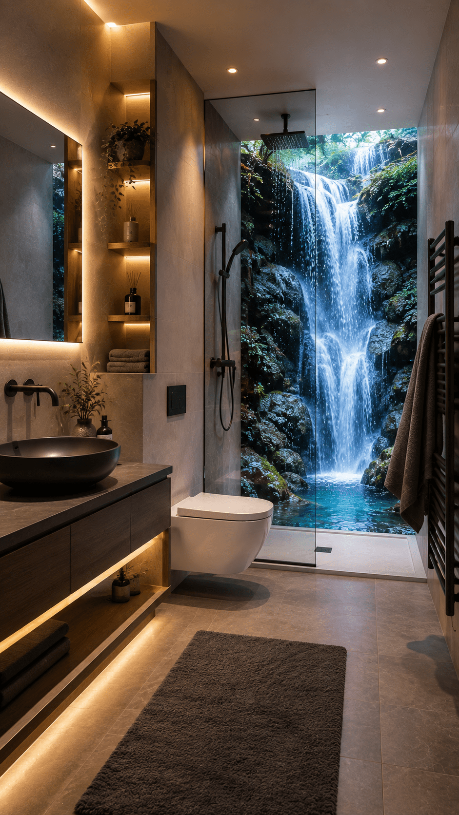 Contemporary bathroom with an immersive waterfall shower wall surrounded by forest greenery and warm ambient lighting.