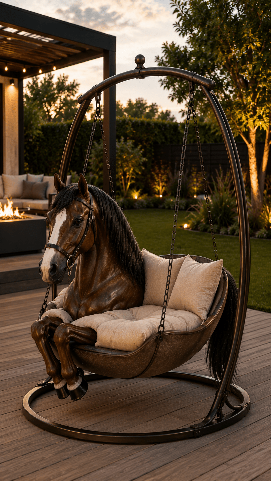 Luxury bay horse hanging chair with cream cushions on a modern garden deck beside an outdoor fire pit at sunset.