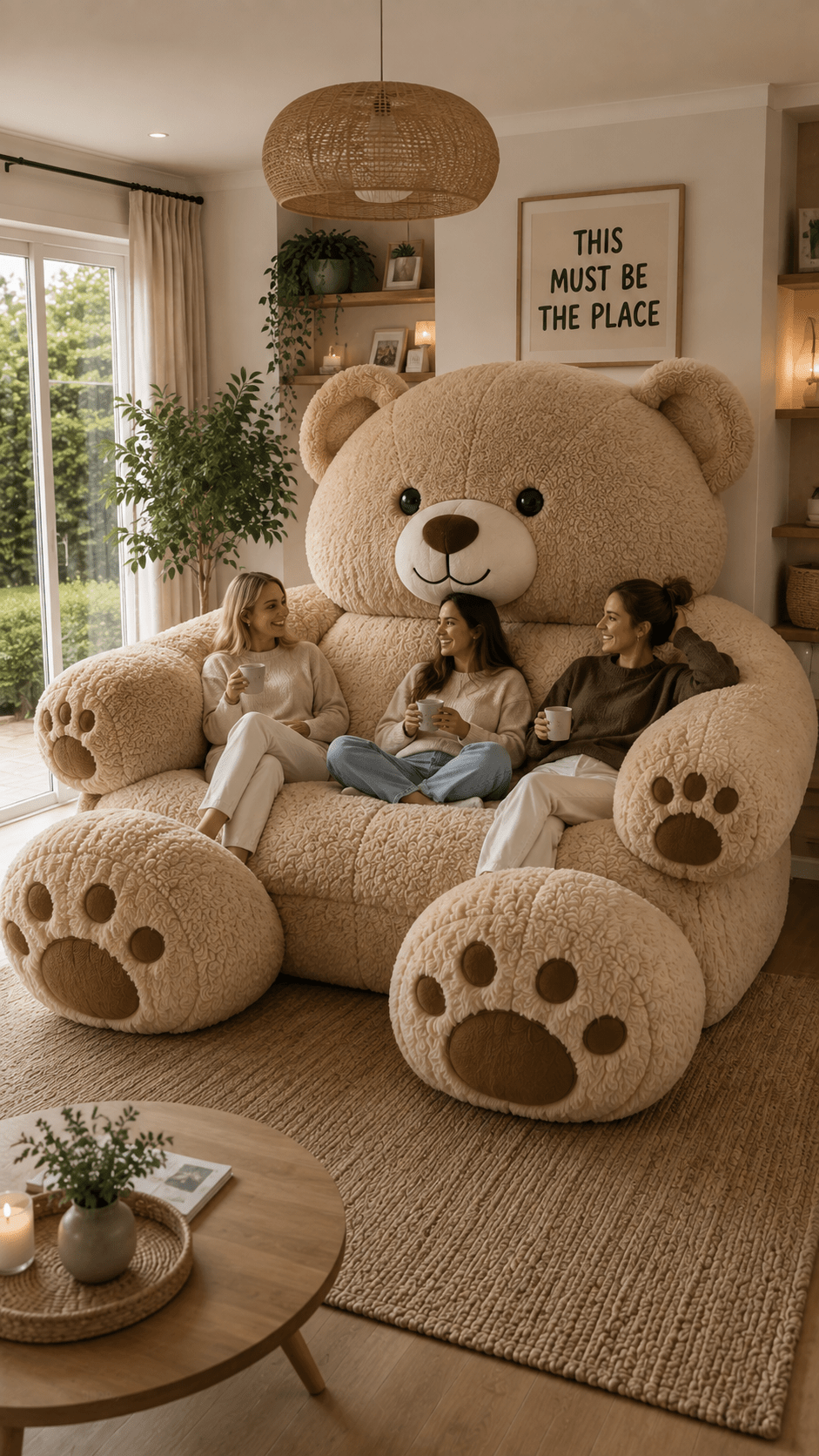 Oversized beige teddy bear sofa with three people relaxing together in a warm modern living room.