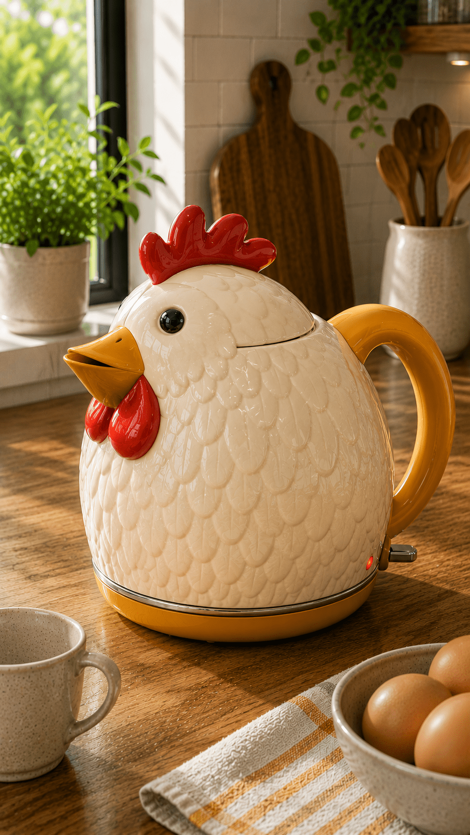 Cream chicken-shaped kettle with yellow handle and red comb displayed in a bright farmhouse-style kitchen.