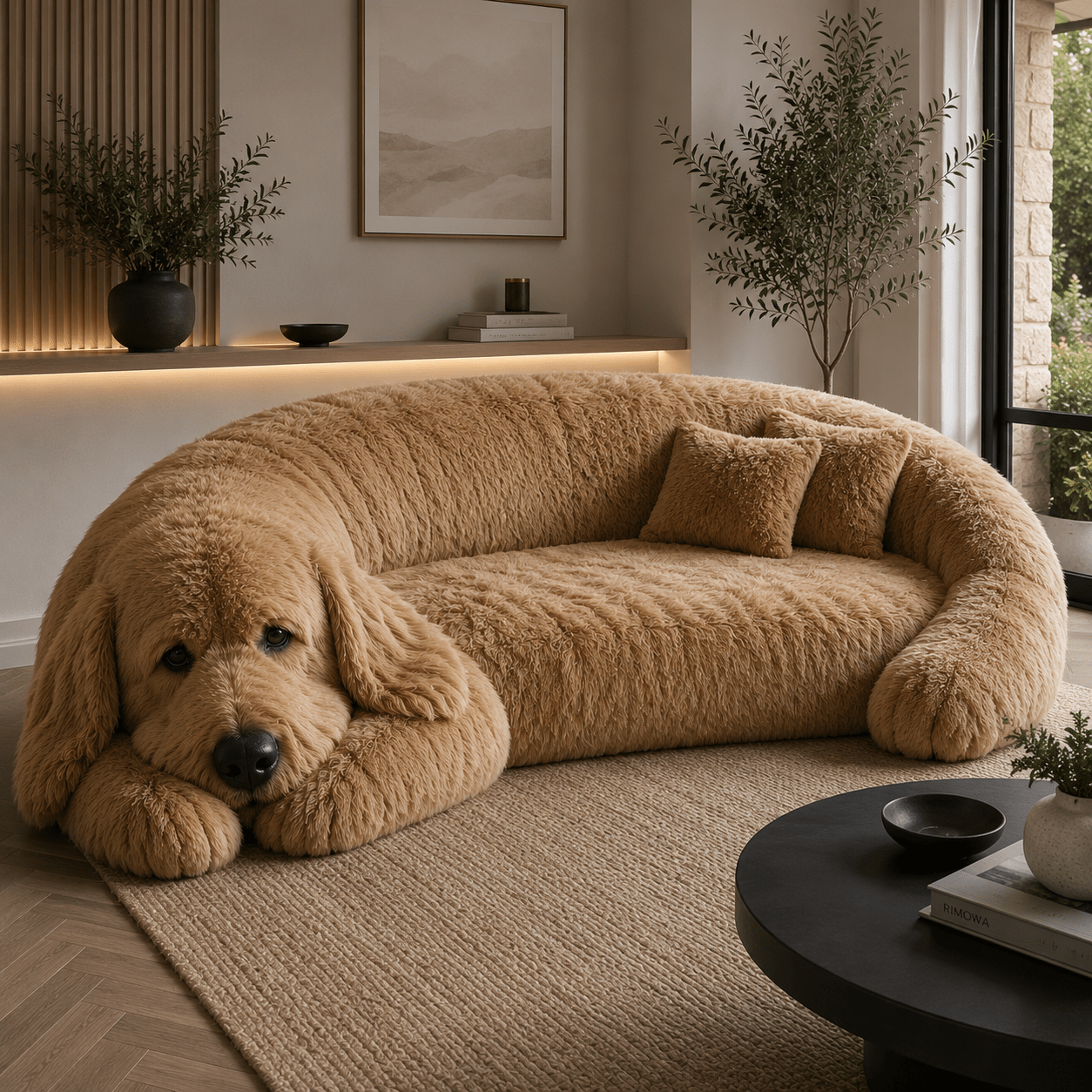 Soft Golden Retriever dog sofa with fluffy upholstery in a warm minimalist living room.