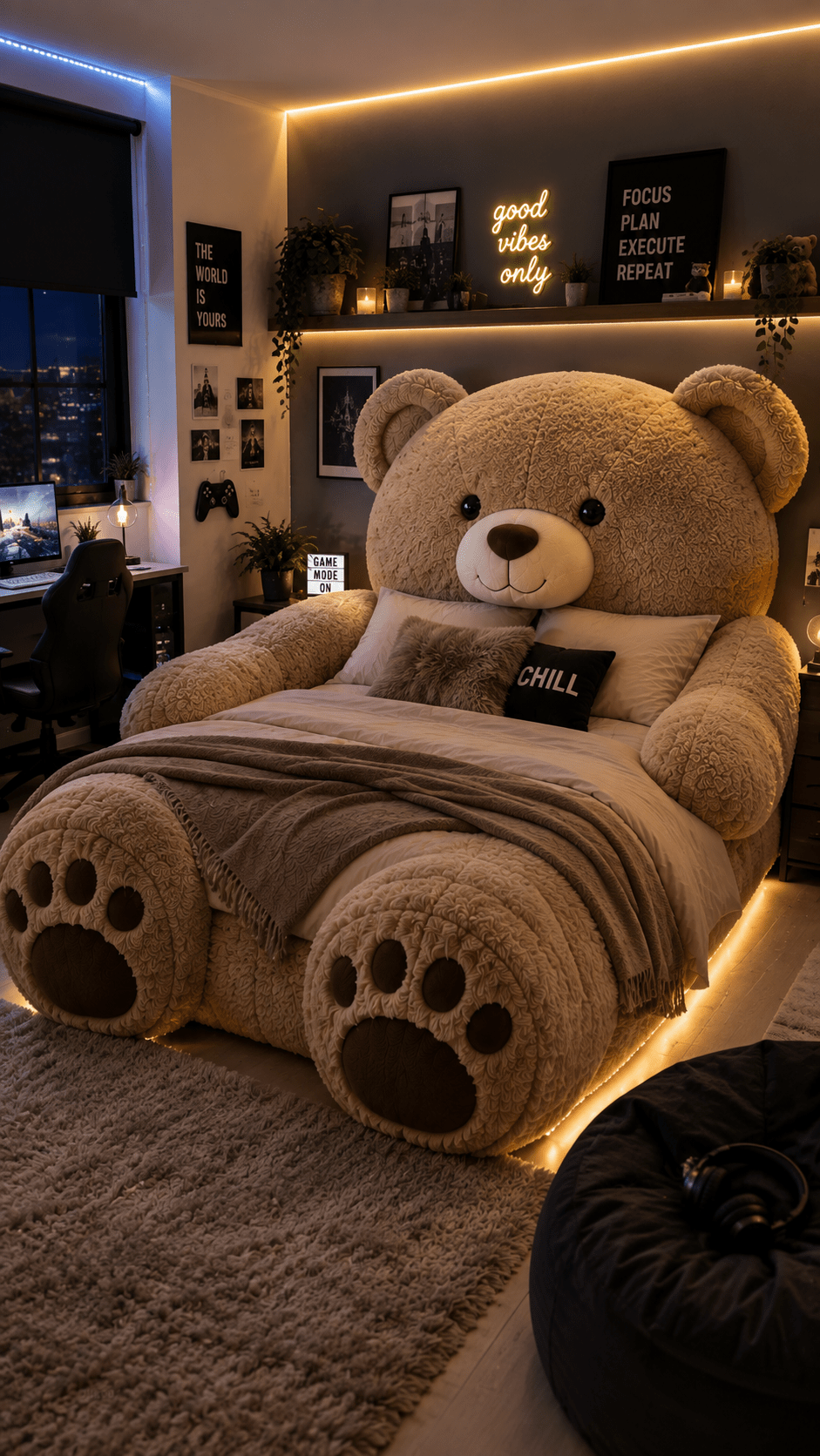 Giant brown teddy bear bed with oversized paws, warm LED lighting and a gaming desk in a modern bedroom.