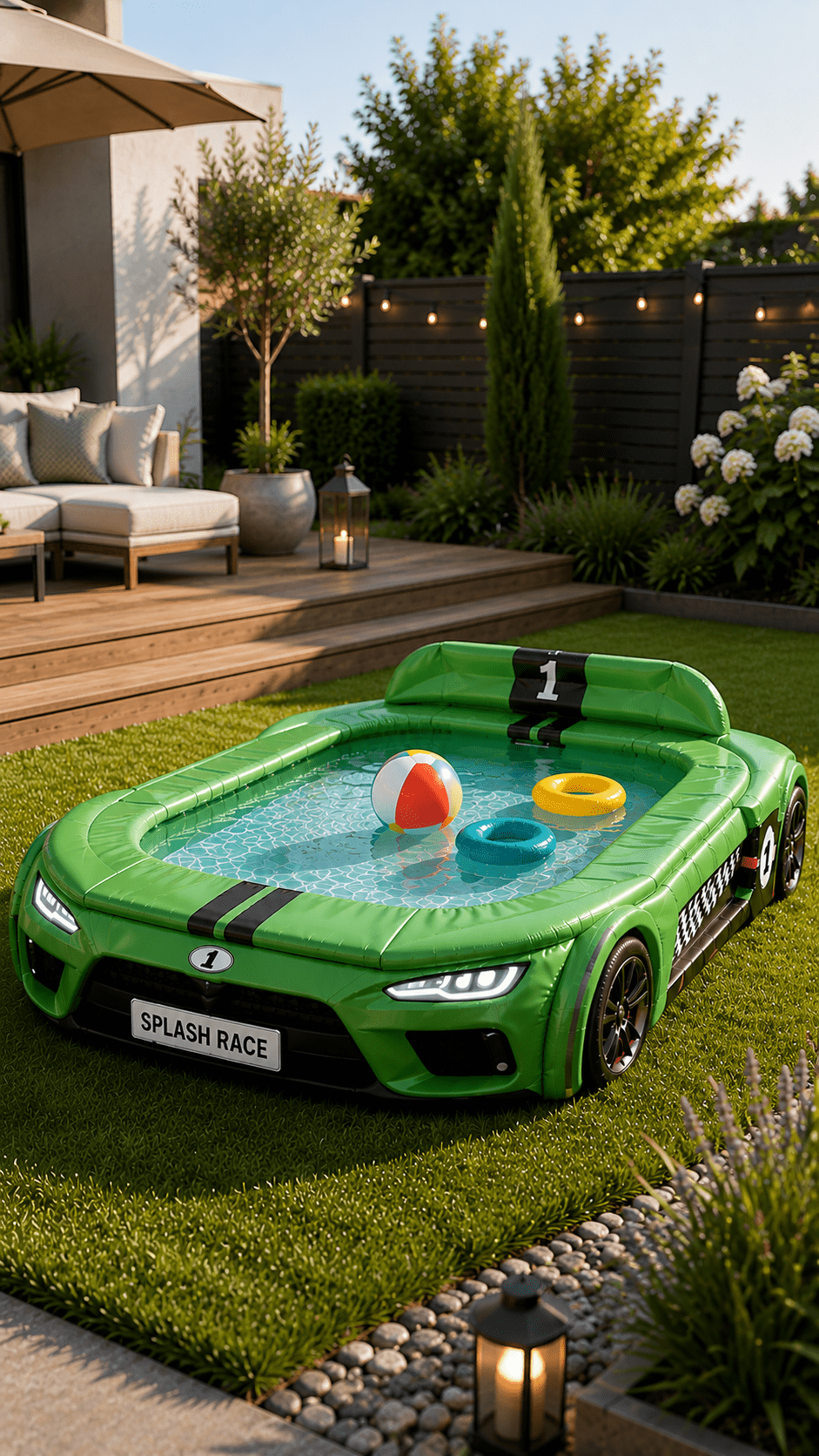 Green race car paddling pool with racing stripes, beach ball and inflatable rings in a stylish garden