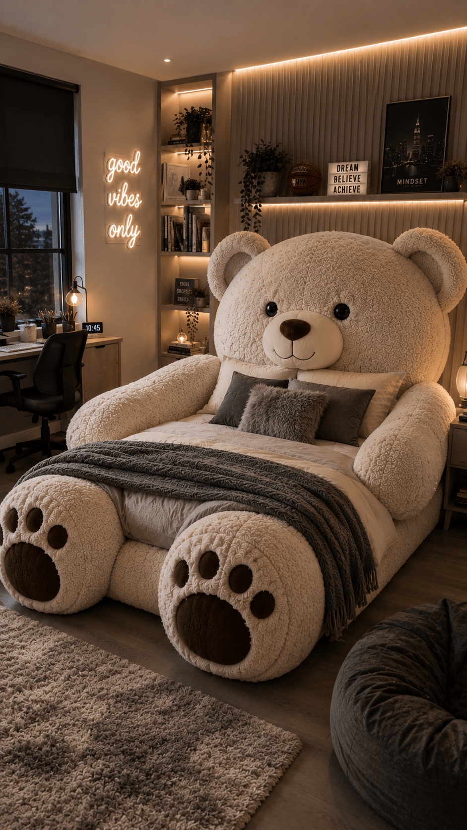 Oversized cream teddy bear bed surrounded by neutral décor, warm lighting, shelving and a modern study desk.