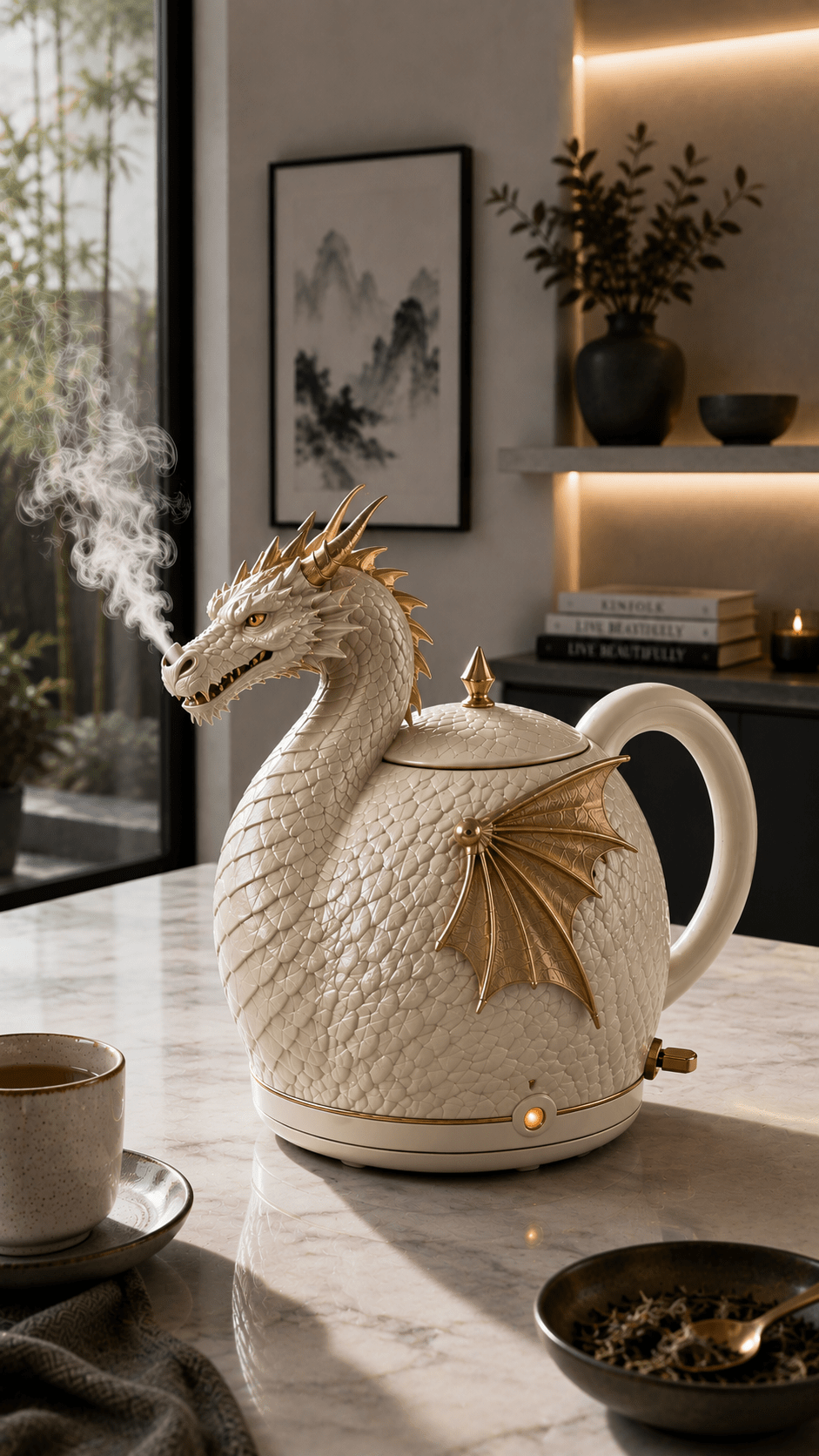 Elegant ivory dragon-shaped electric kettle with gold wings and detailing displayed on a modern kitchen worktop.