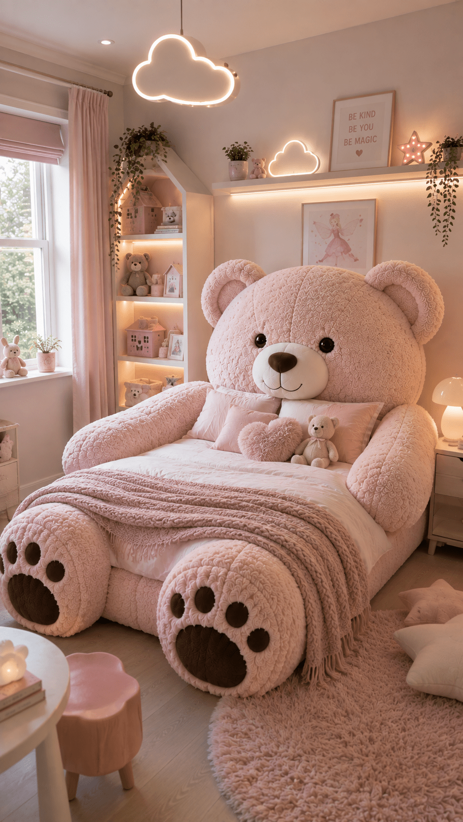 Giant pink teddy bear bed with plush paws, pink bedding and cloud lights in a pastel children's bedroom.