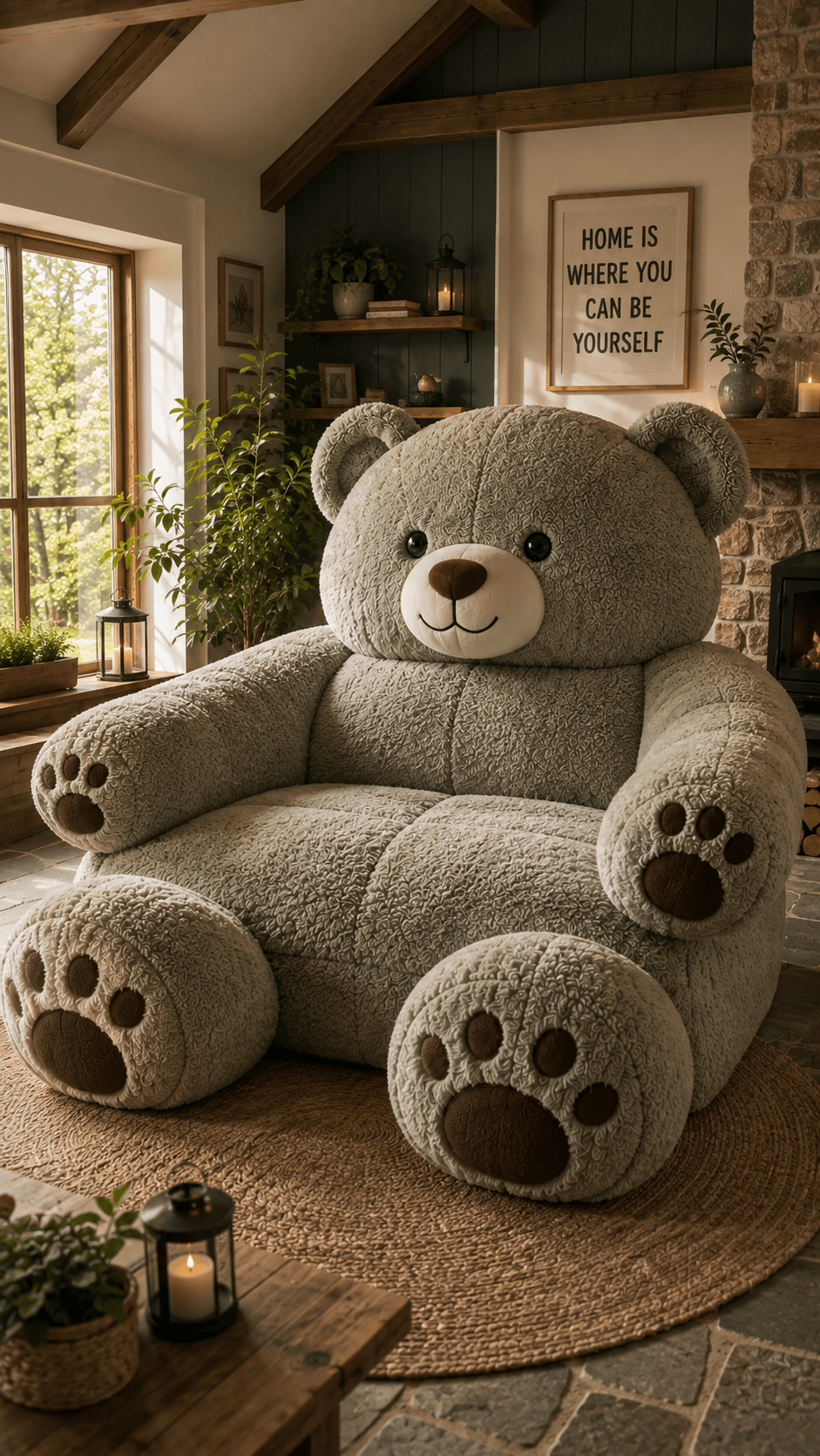 Giant grey teddy bear armchair with oversized paws in a cosy rustic living room with exposed beams and stone fireplace