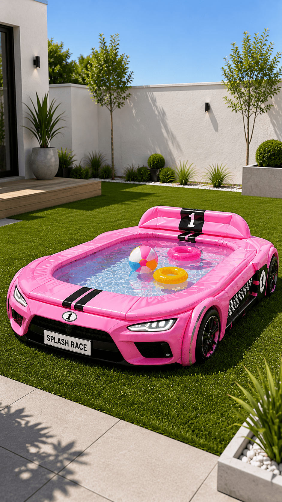 Bright pink race car-shaped paddling pool filled with water and colourful pool toys on a garden lawn