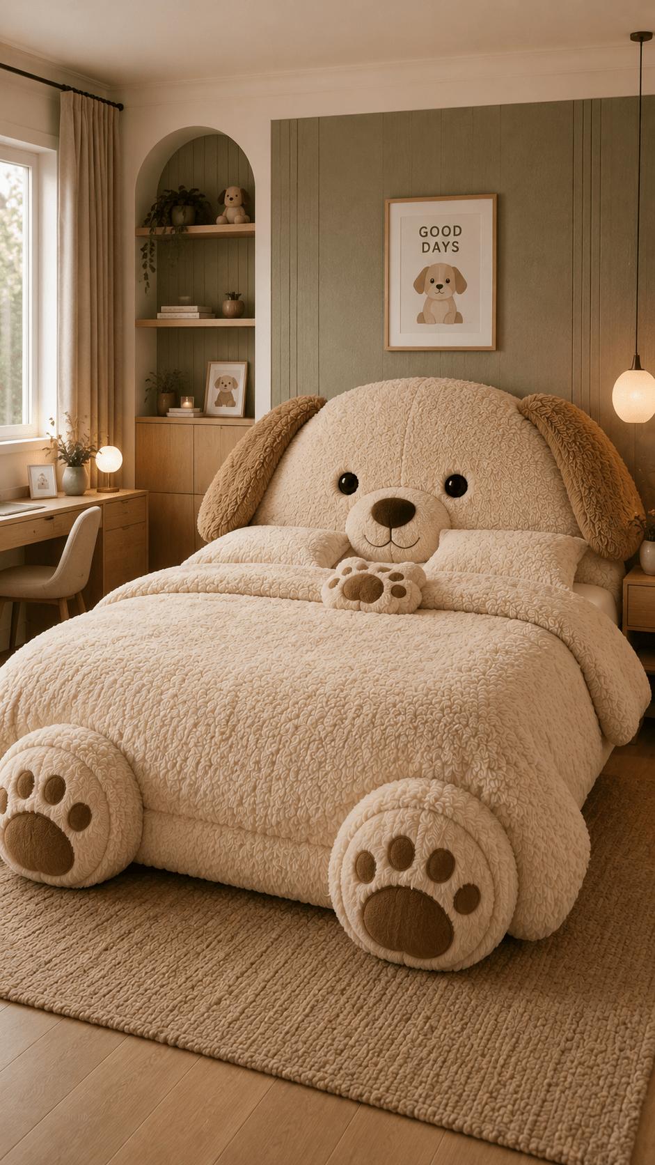 Cream giant puppy animal bed with floppy brown ears and oversized paw details in a warm modern bedroom