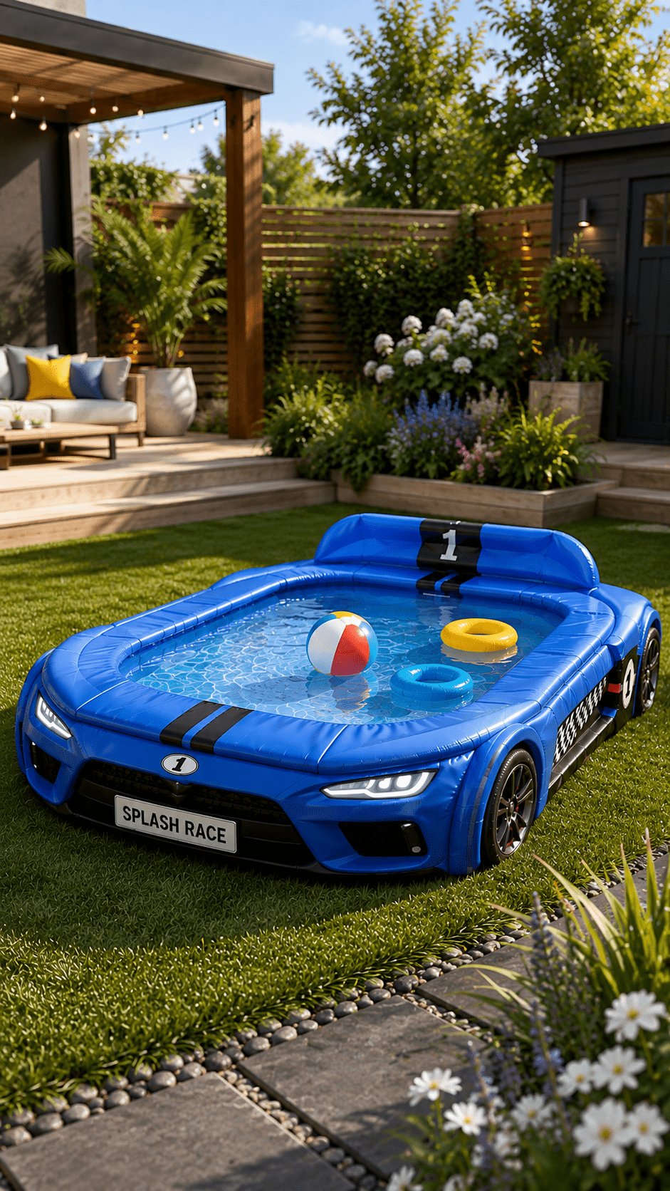 Blue race car-shaped paddling pool filled with water and toys in a contemporary landscaped back garden
