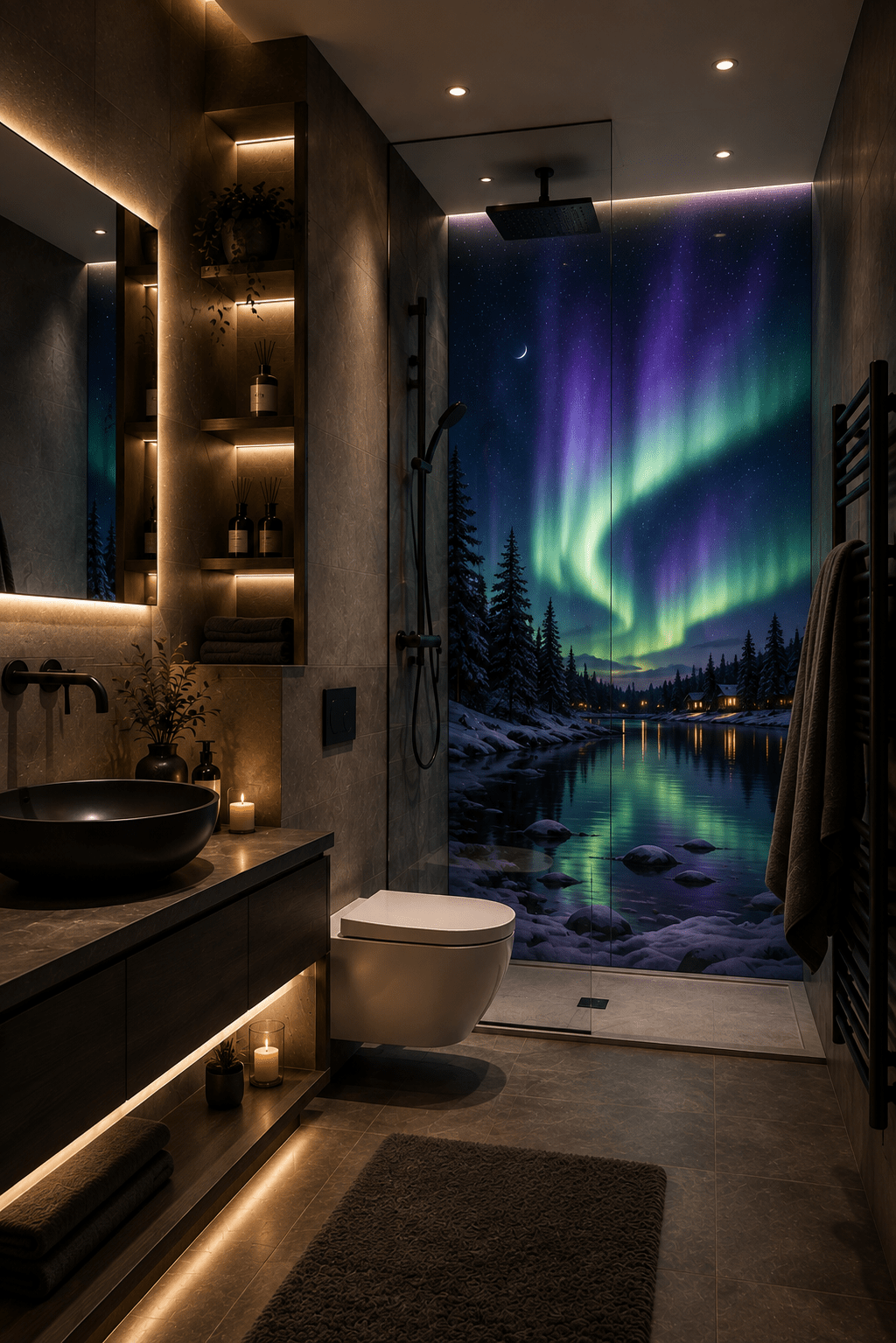 Modern bathroom featuring a Northern Lights shower wall with snowy forest, reflective lake, cabins and colourful aurora.