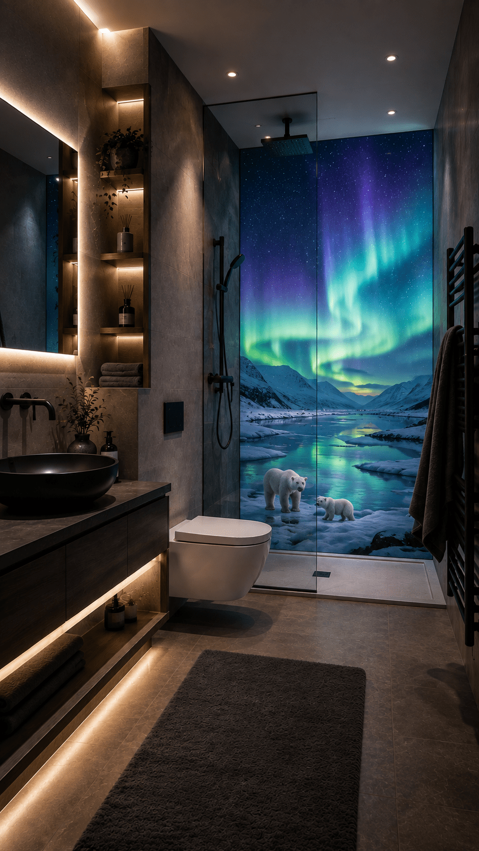 Dark modern bathroom featuring an immersive Northern Lights shower wall with polar bears beside a frozen Arctic lake.