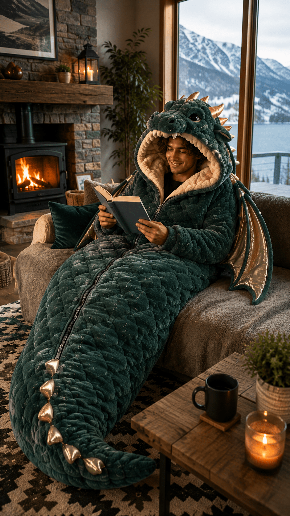 Man reading a book while wrapped inside a plush green dragon sleeping bag with gold wings and horns beside a fire.