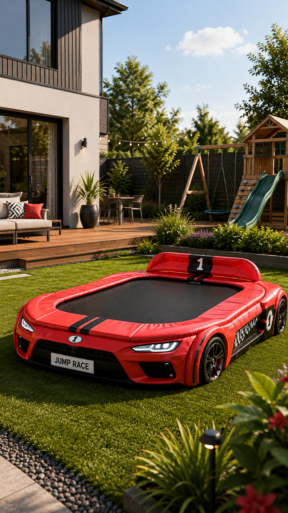 Red race car-shaped trampoline with black jumping surface positioned on the lawn of a modern family garden.