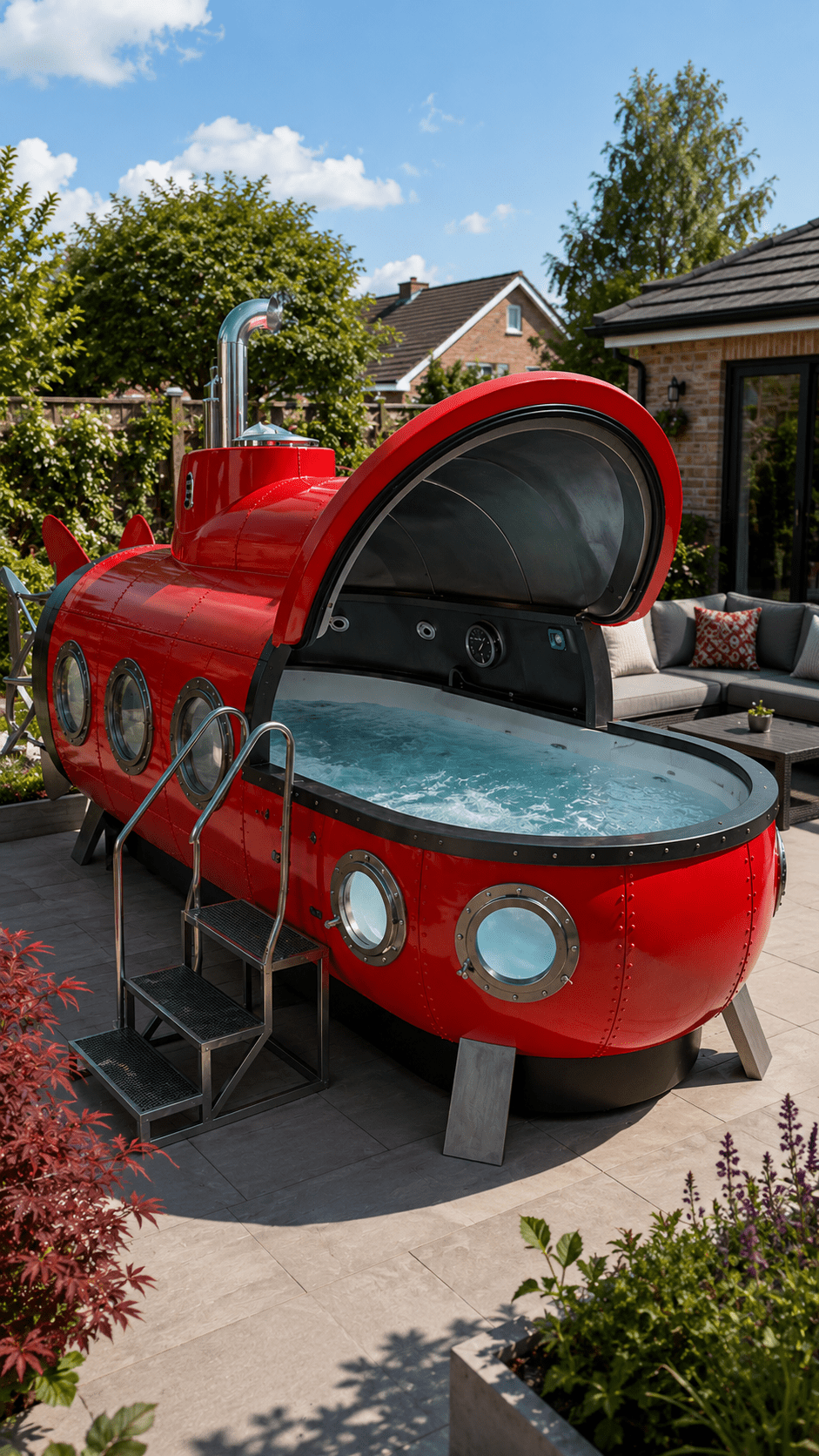 Vibrant red submarine hot tub with bubbling water and metal portholes surrounded by landscaped garden planting