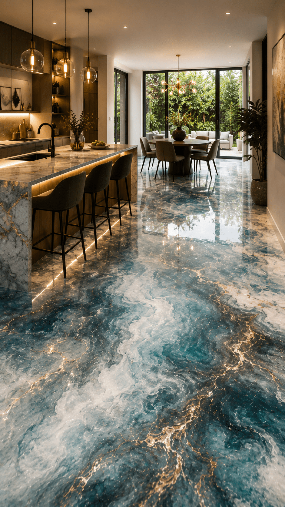 Luxury modern open-plan kitchen featuring glossy blue and white cloud resin flooring with gold detailing.