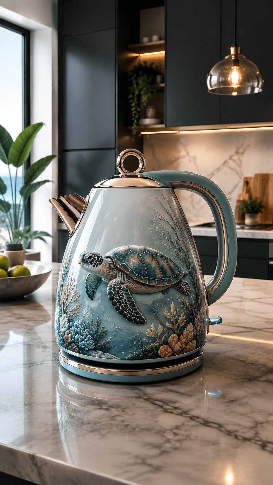 Aqua sea turtle kettle with underwater coral artwork displayed on a marble worktop in a contemporary kitchen.