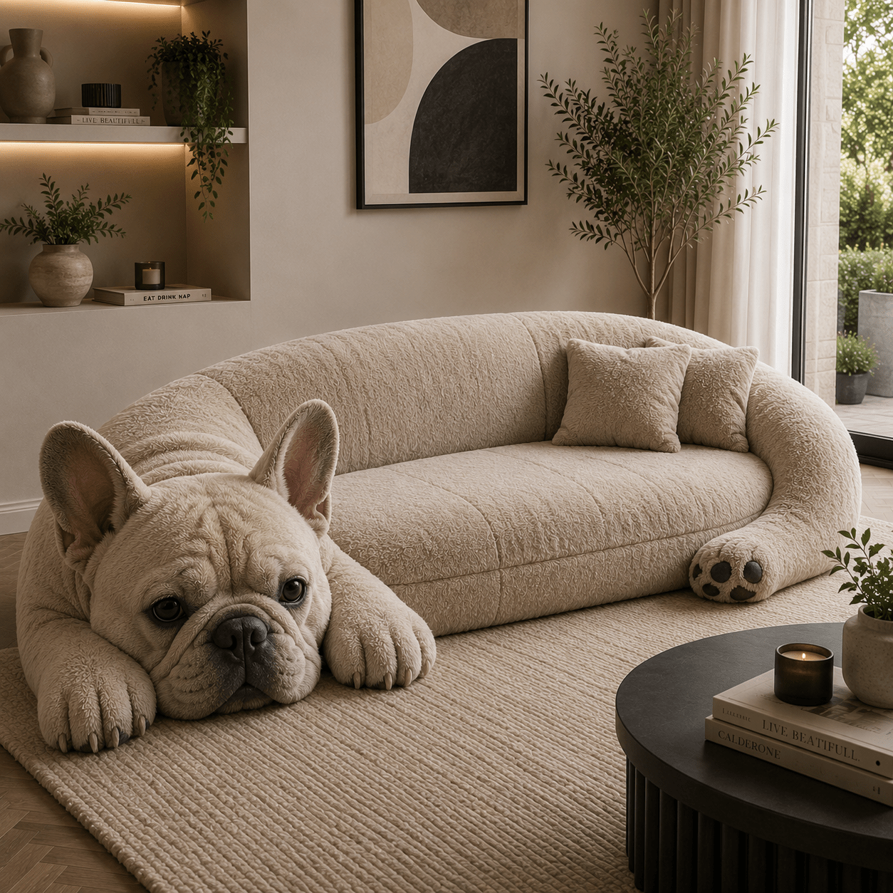 Cream French Bulldog dog sofa with boucle fabric in a modern neutral living room.