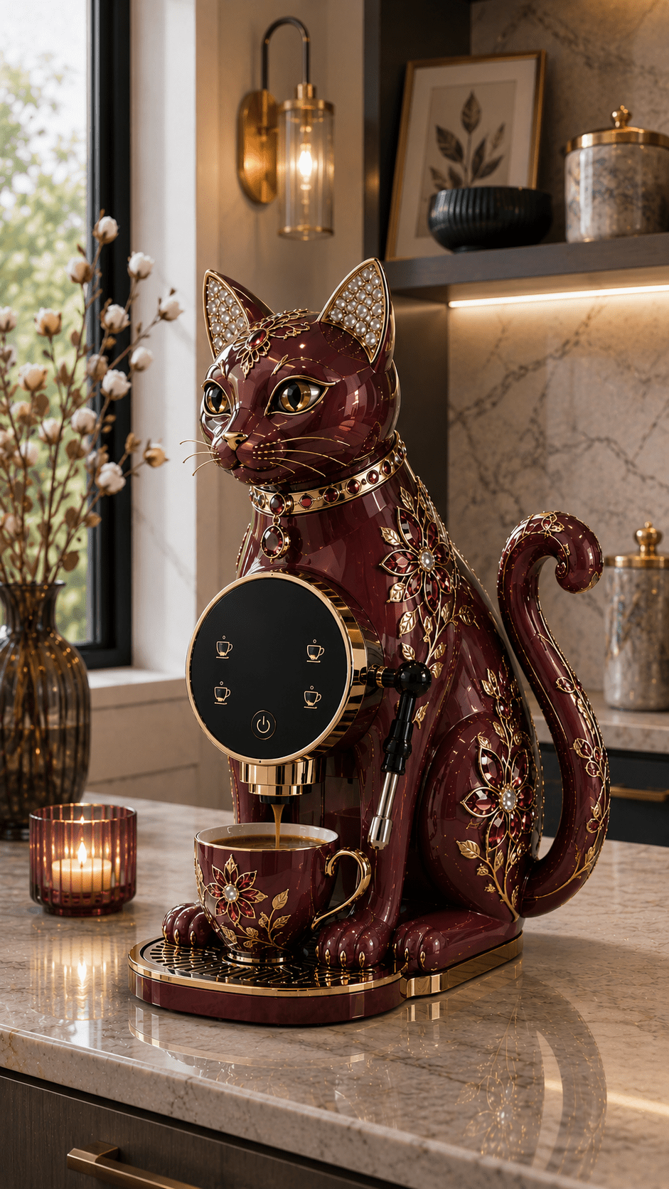 Luxury burgundy cat-shaped coffee machine with gold floral detailing and red jewels on a marble kitchen worktop.