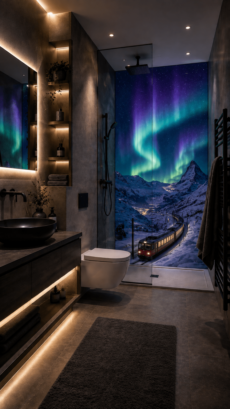 Modern luxury bathroom with Northern Lights shower wall showing a train travelling through snowy mountains beneath the aurora.