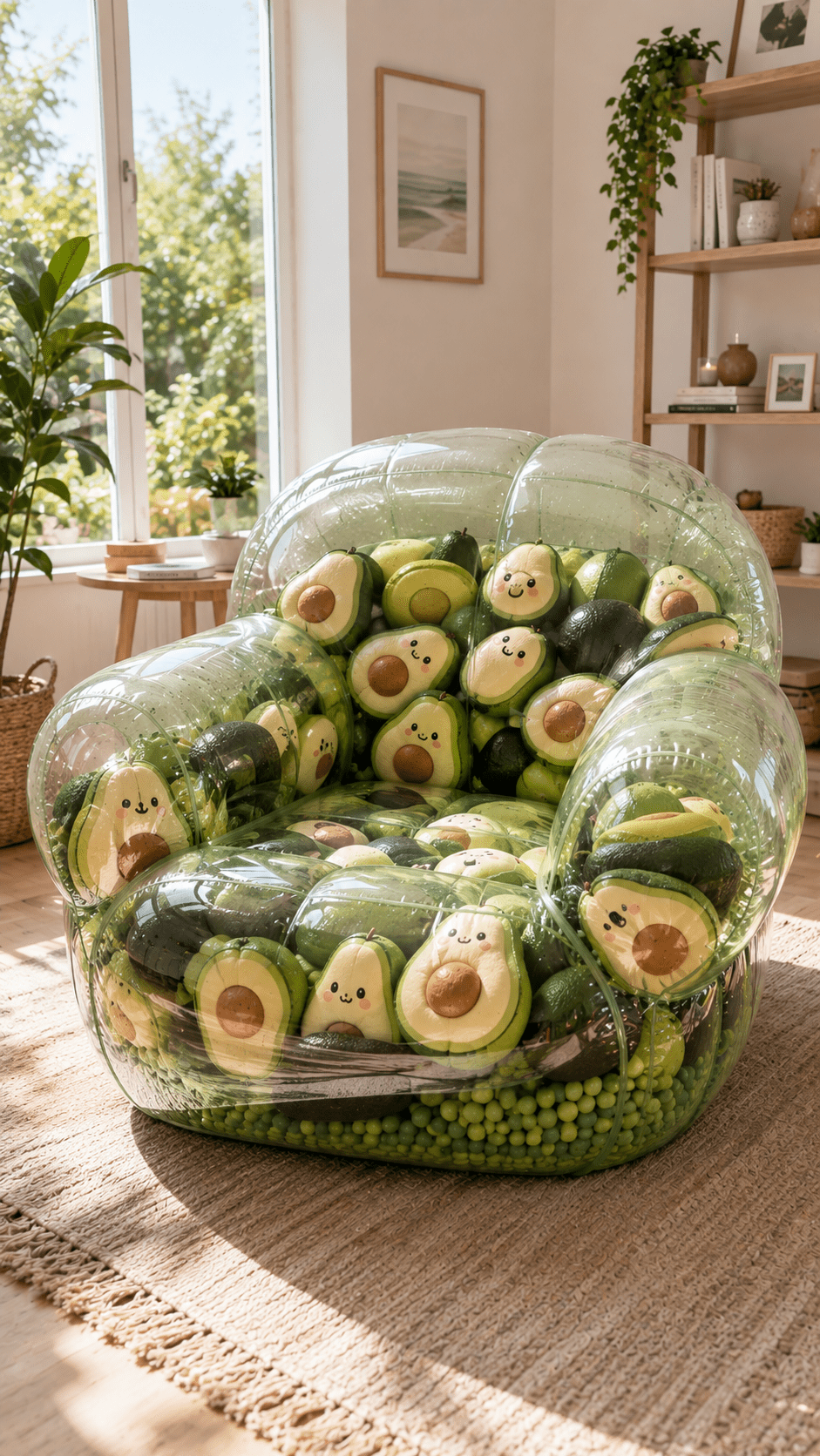 Transparent squishy chair filled with smiling avocado plush toys and green foam beads in a bright contemporary living room.
