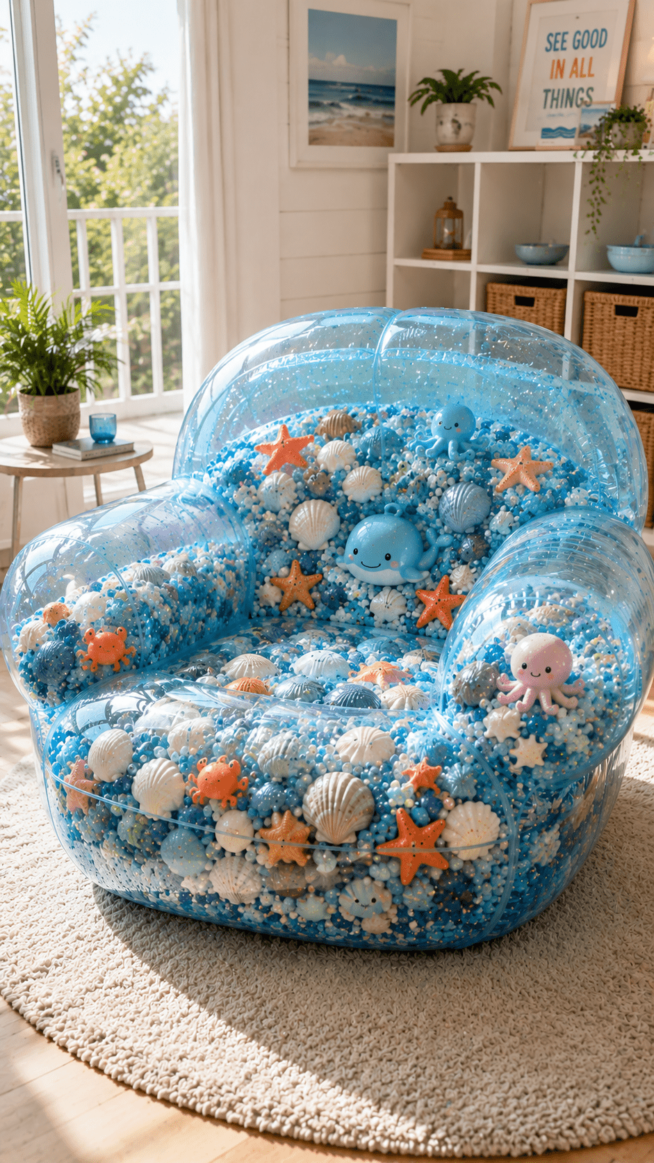 Blue transparent squishy chair filled with soft foam beads, seashells, starfish and cute sea creatures in a coastal-inspired home.