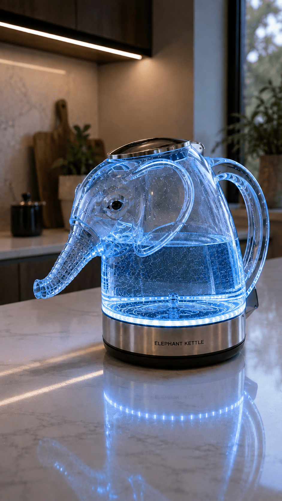Transparent blue LED Elephant Kettle with glass body displayed on a contemporary kitchen countertop.