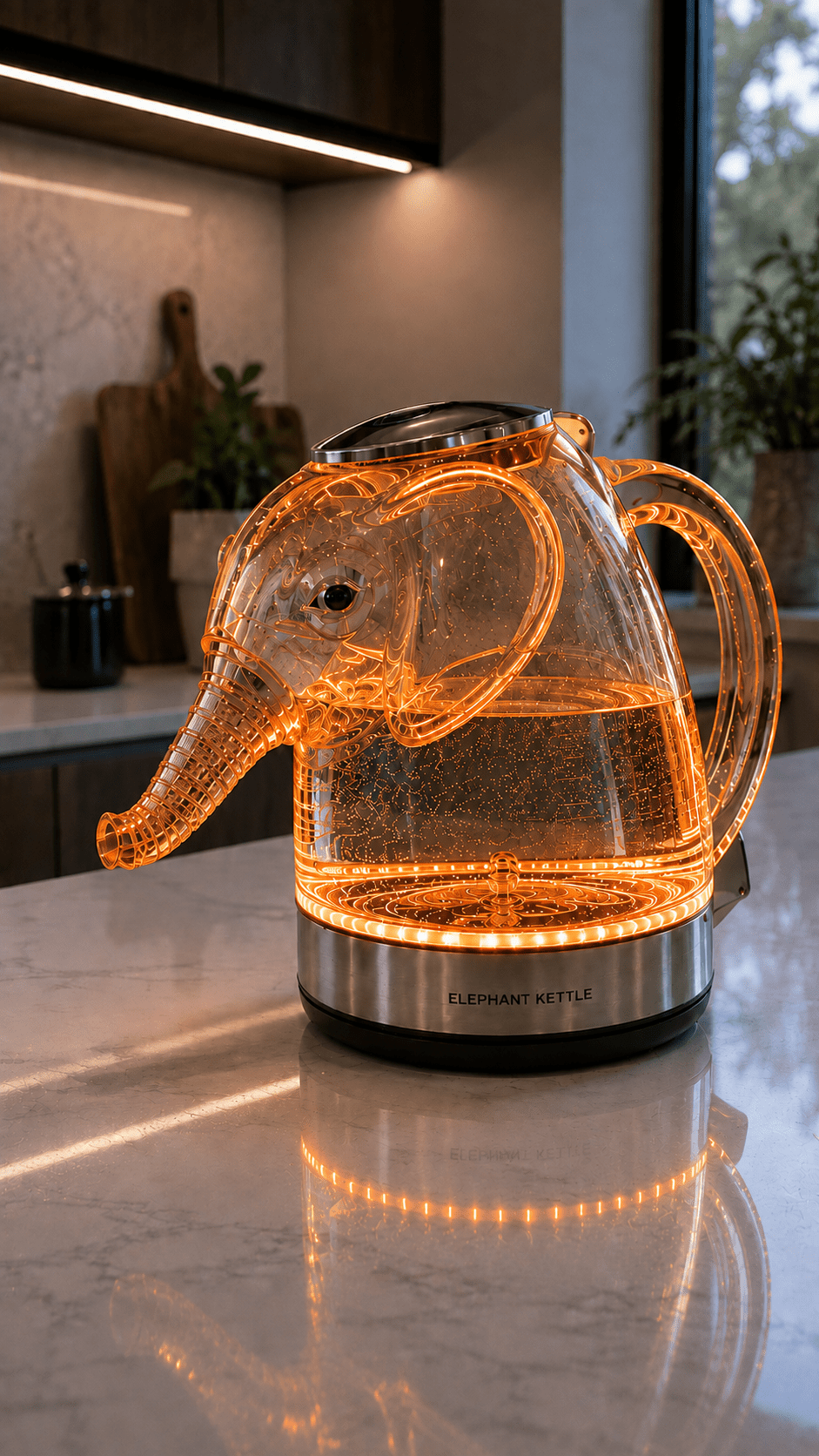 Modern Elephant Kettle featuring warm orange LED lighting and transparent glass construction.