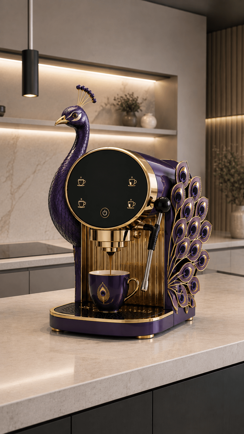Luxury purple and gold peacock coffee machine with decorative feather details on a modern kitchen worktop.