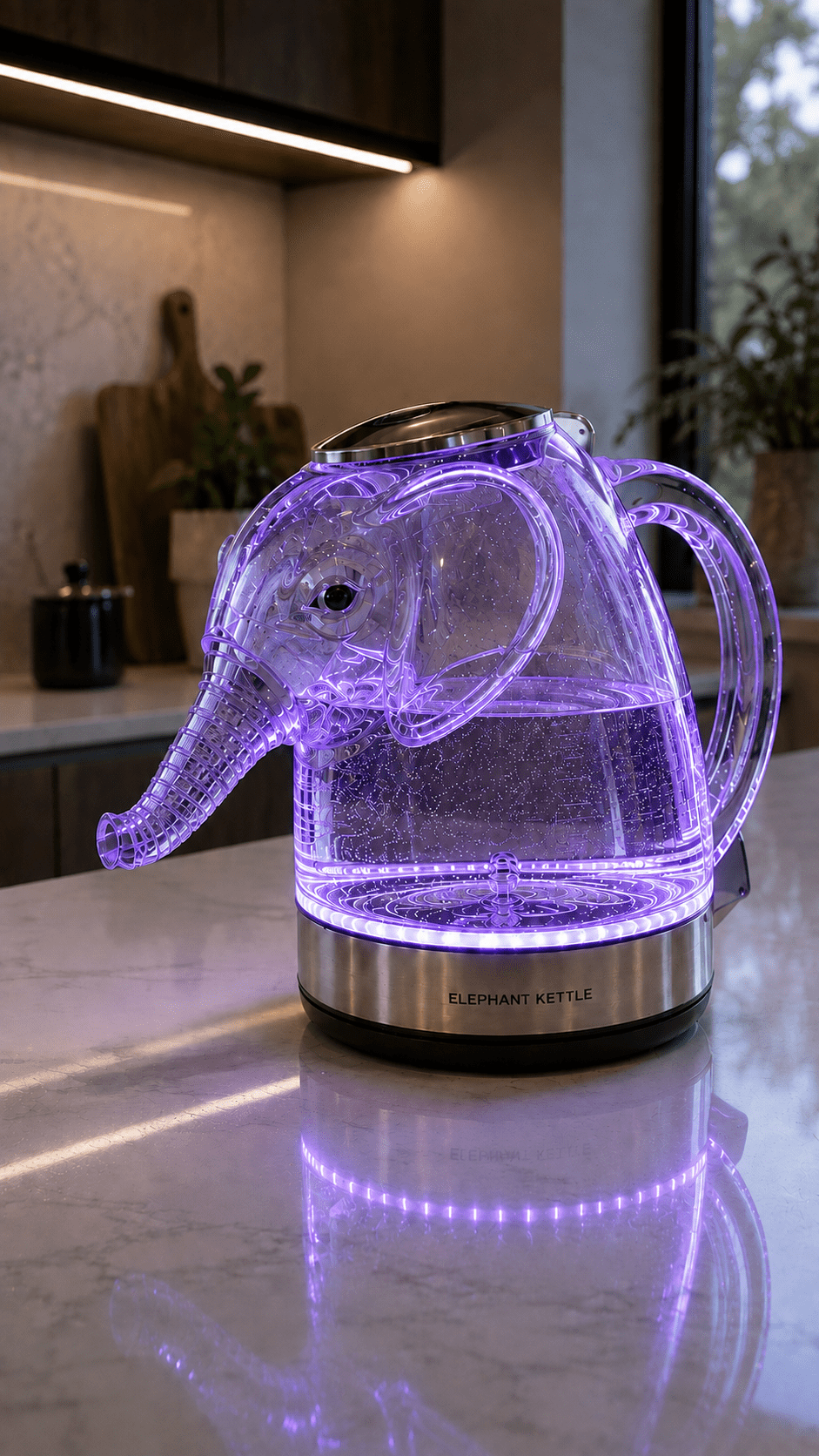 Glass Elephant Kettle glowing with purple LED lighting in a stylish modern kitchen.