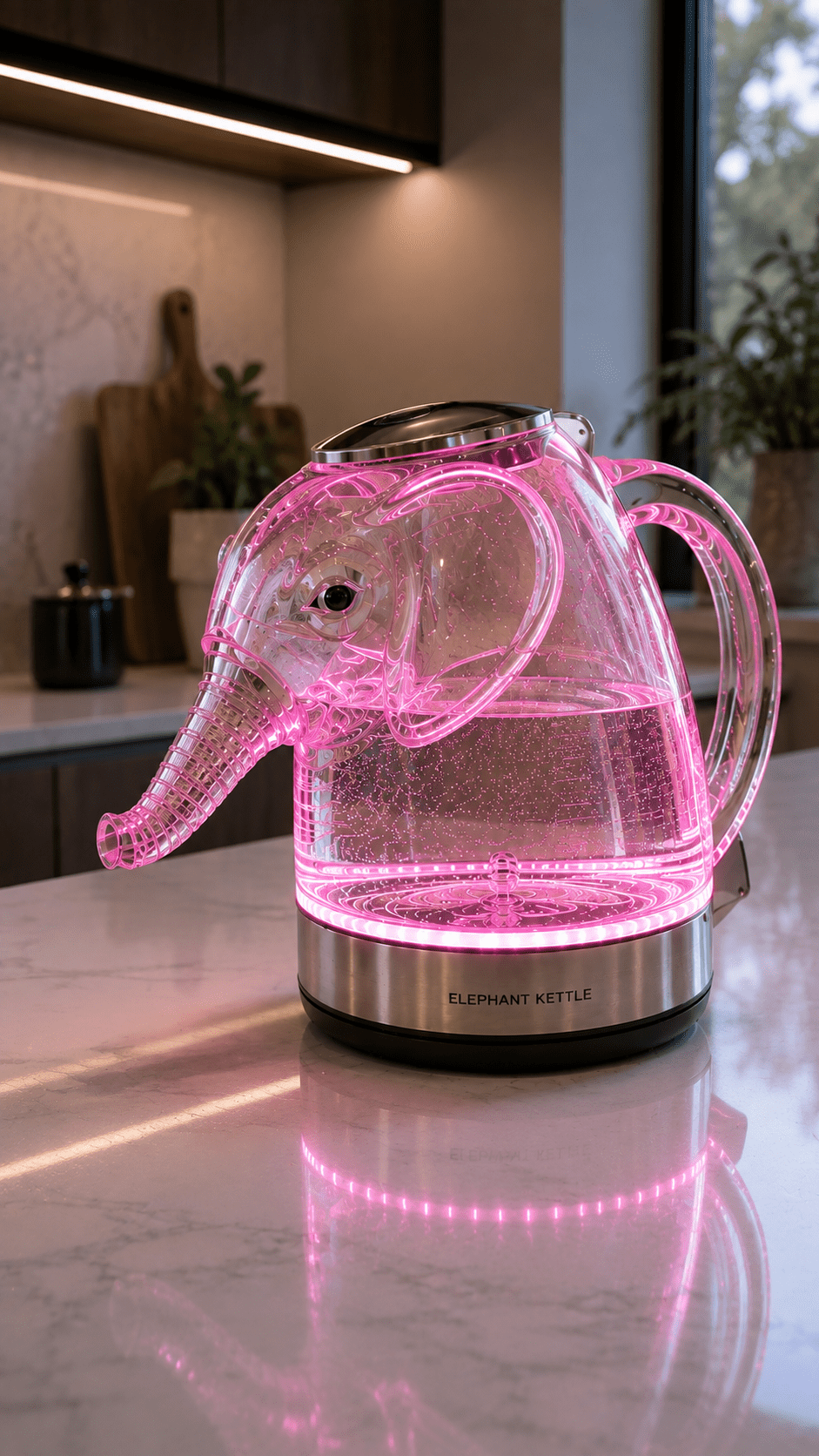 Pink illuminated Elephant Kettle with elephant-shaped spout sitting on a sleek kitchen worktop.