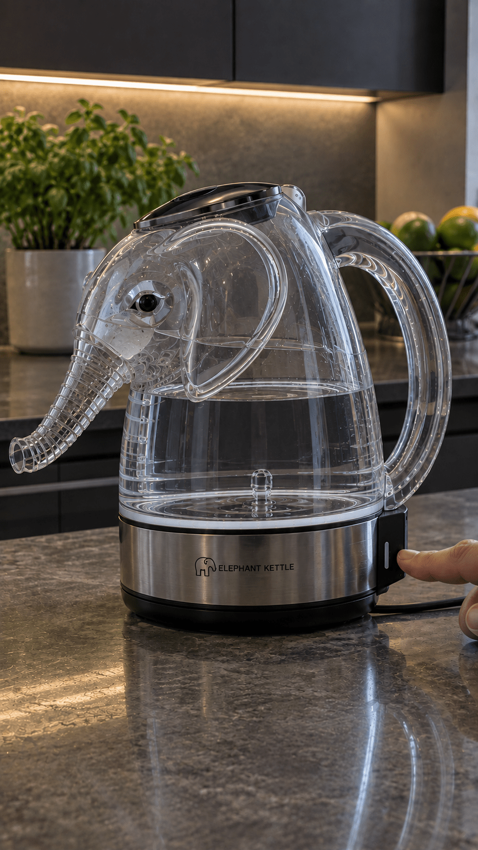 Modern Elephant Kettle showing easy one-touch power button and clear glass design.