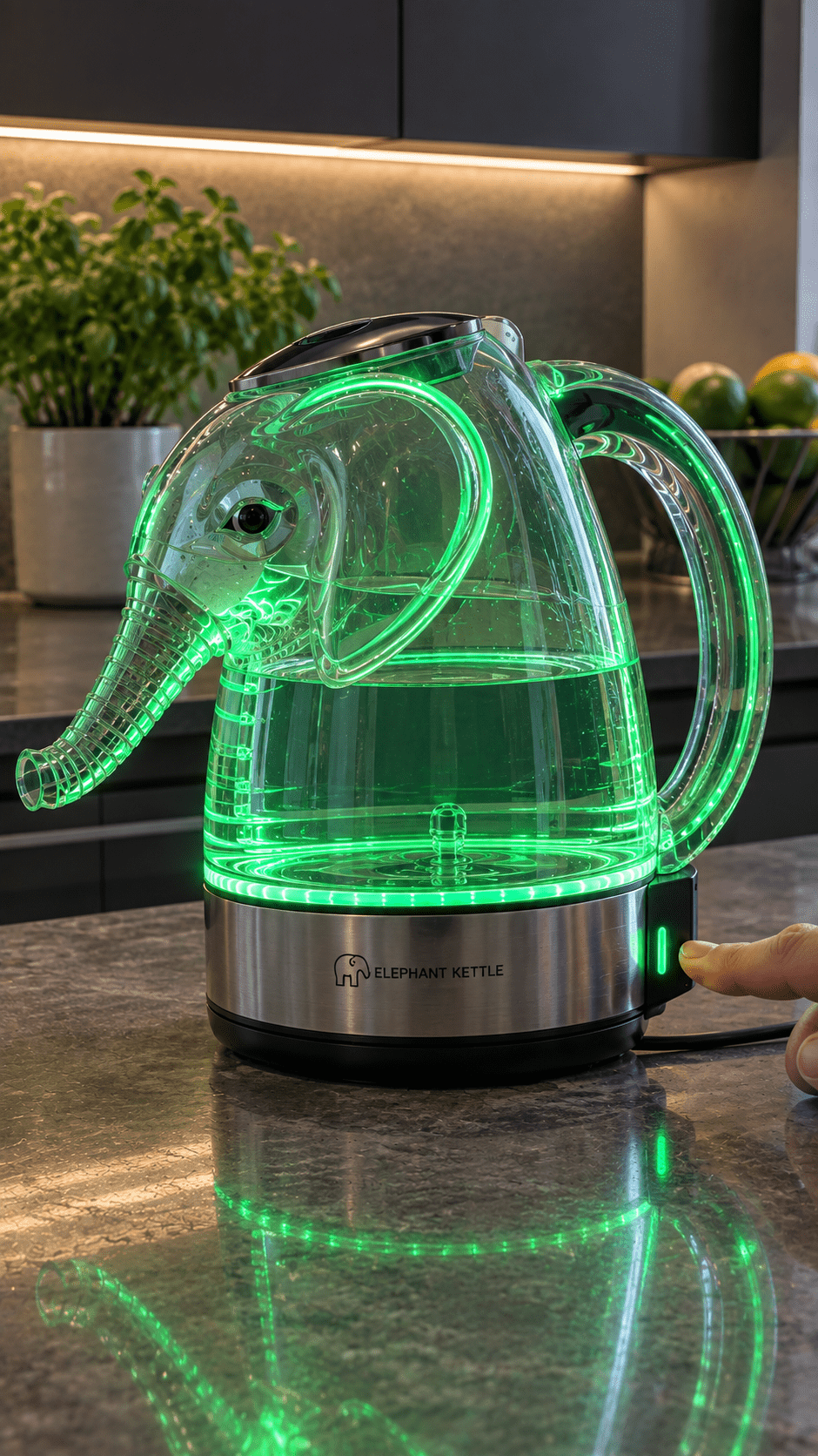 Green glowing Elephant Kettle with transparent glass body and stainless steel base in a contemporary kitchen.