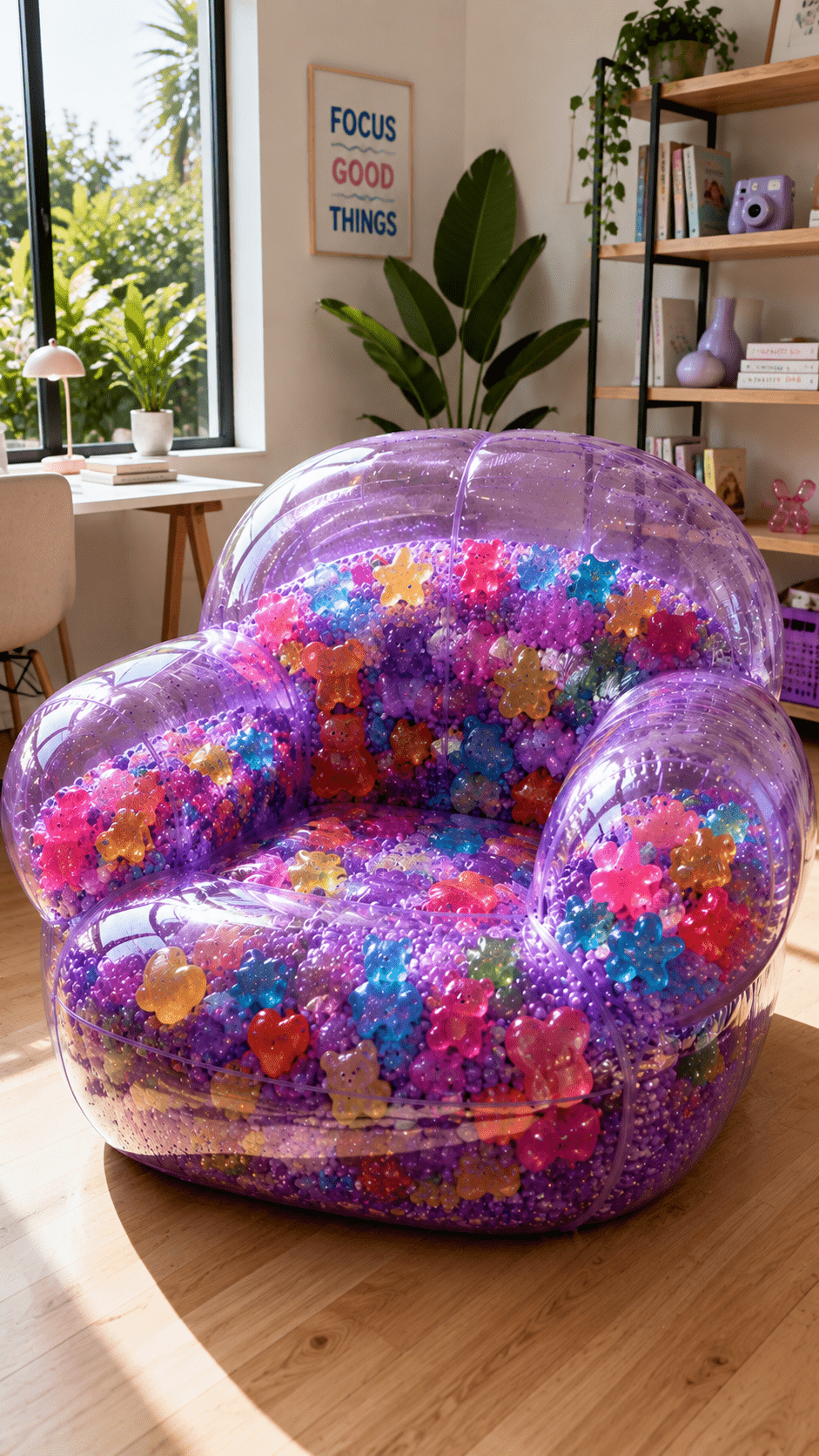Transparent purple squishy chair filled with colourful teddy bear decorations and soft sensory beads in a modern games room.