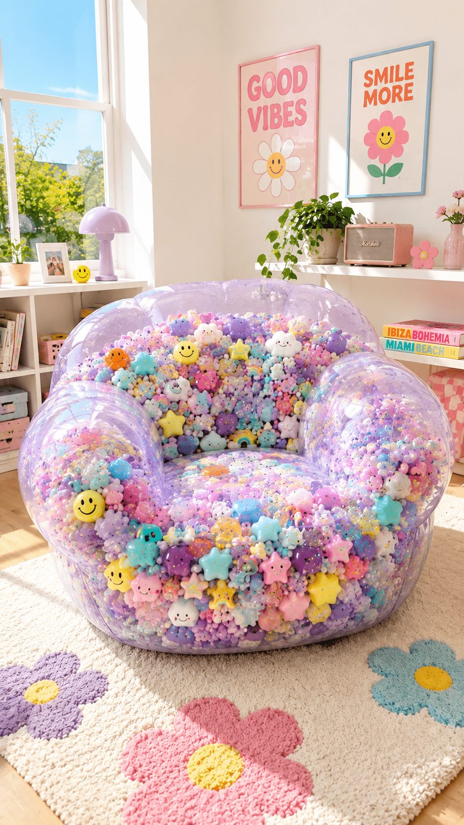 Transparent pastel squishy chair filled with colourful foam beads, stars, clouds and kawaii plush decorations in a cosy bedroom.