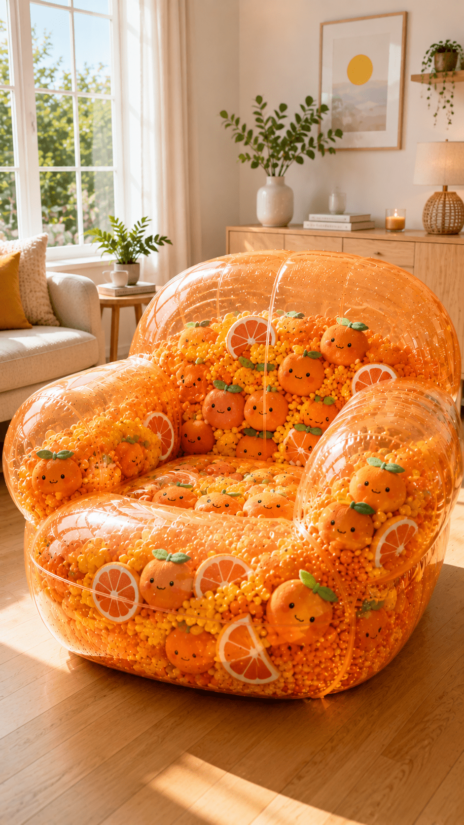 Transparent orange squishy chair filled with smiling oranges, citrus slices and soft orange foam beads in a warm contemporary living room.